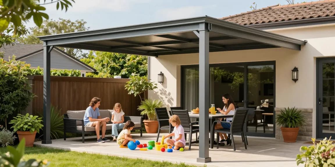 Moderne Terrassenüberdachung in einem einladenden Garten mit Familie.