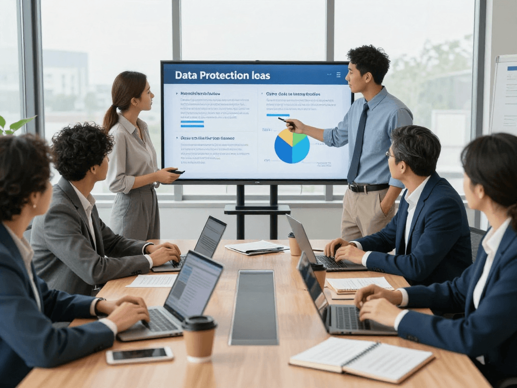 Professionelles Team in einem Büro zur Wirtschaft und Verwaltung Wohnungsbaugenossenschaften, die Datenschutz- und Barrierefreiheitsthemen diskutieren.