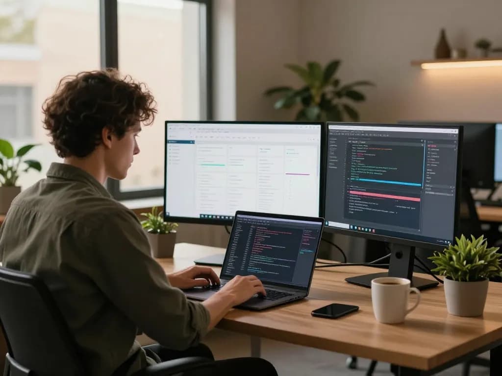 Innovative workspace with thscrore.app developer coding on multiple screens in a modern office setting.
