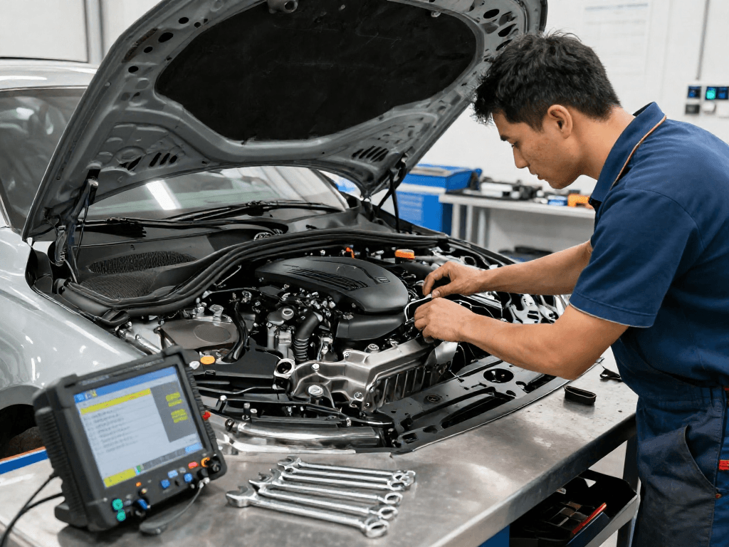 Chiptuning Hannover: Fachmann arbeitet am Motor eines BMW mit modernster Ausrüstung.