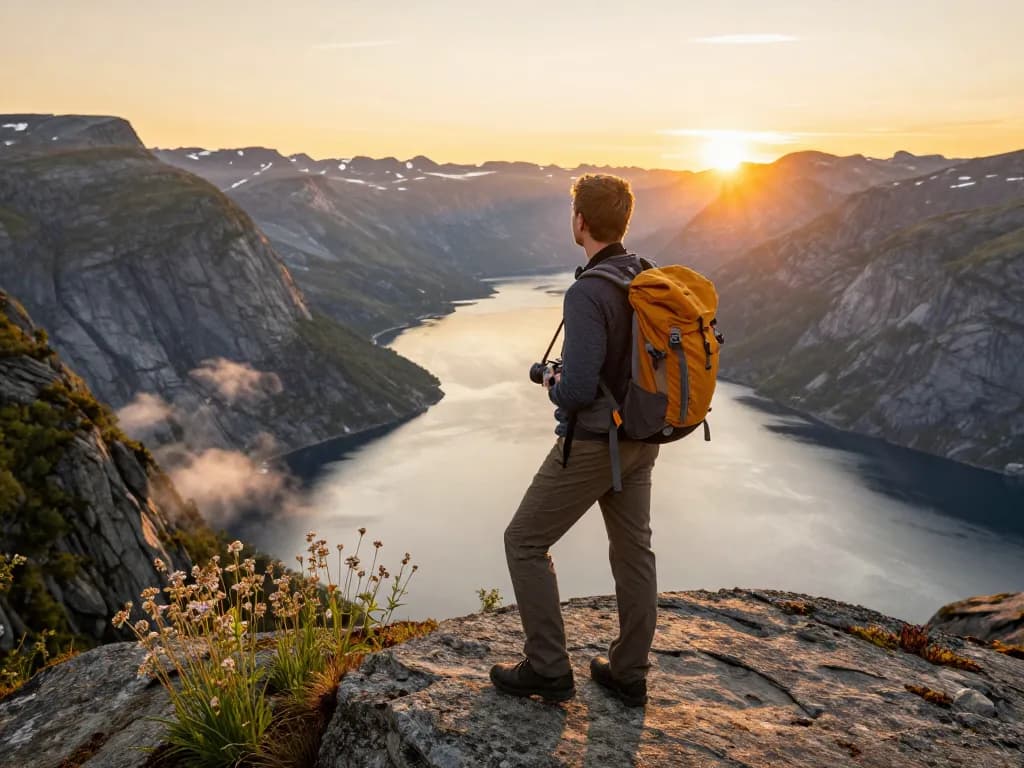 Reisender, der atemberaubende Ausblicke während seines Urlaubs in Skandinavien genießt und die atemberaubenden Fjorde hervorhebt.