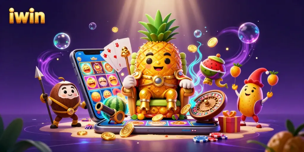Spin the reels at iwin with a vibrant scene featuring a golden pineapple king and gaming elements.