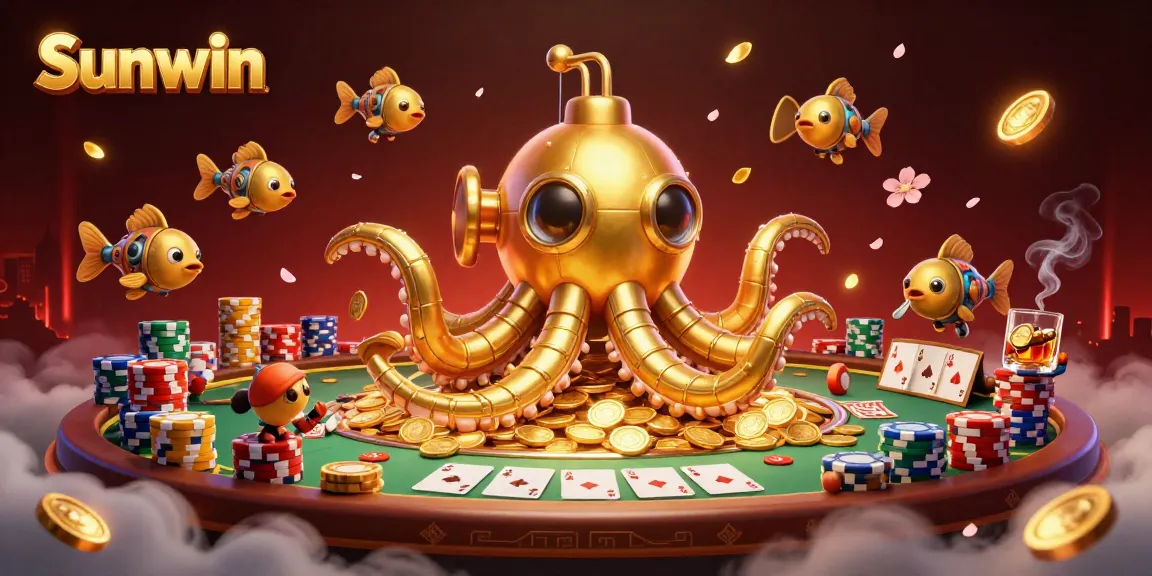 Experience thrilling gameplay with Sunwin's golden kraken submarine amidst a vibrant casino scene.