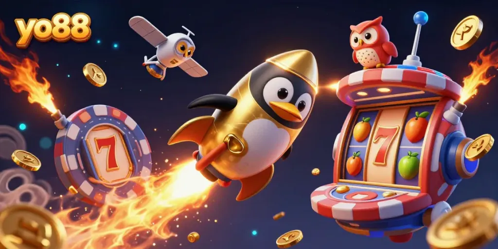 Experience thrilling adventure with yo88 as a golden penguin races through space towards a casino-inspired poker chip station.