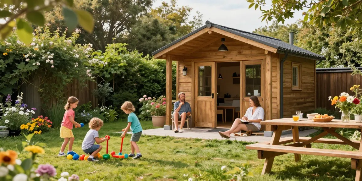 Familie genießt ihr neues Gartenhaus im Garten mit Spielzeug und Picknick.