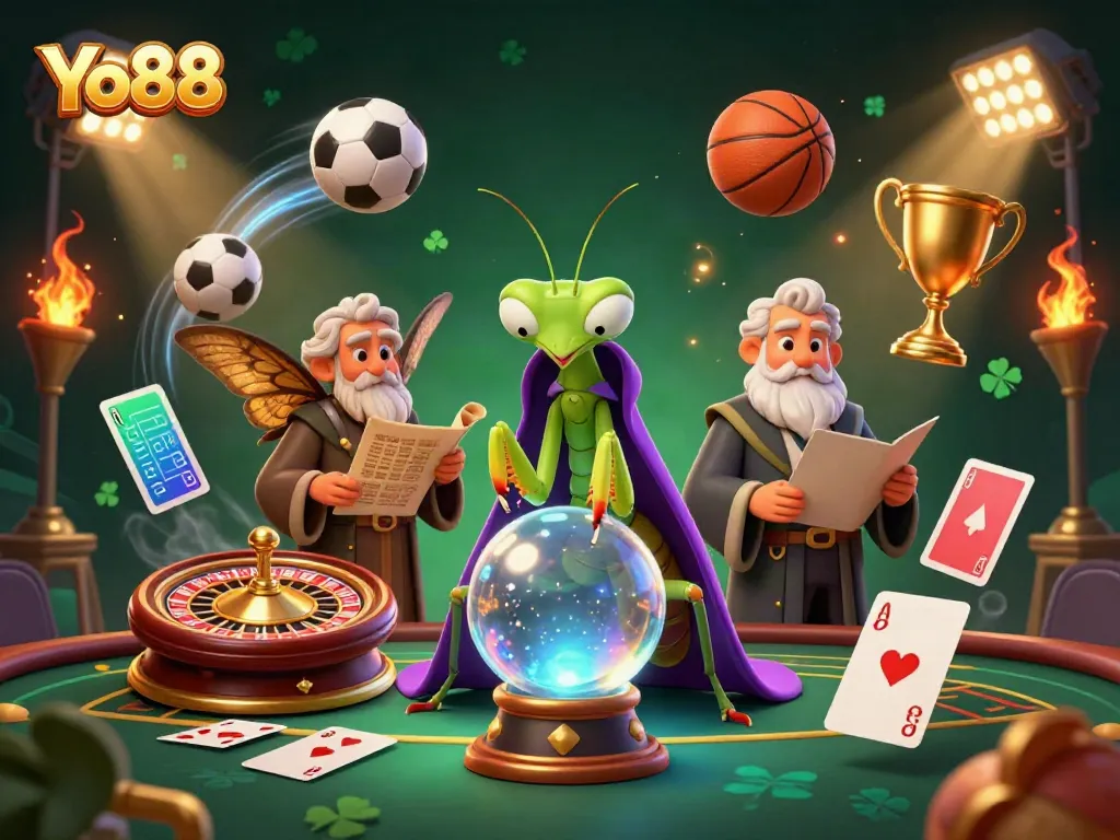 Yo88 showcases a mystical praying mantis fortune teller with dynamic casino elements in a vibrant setting.