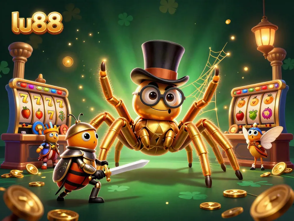 Experience the excitement of LU88 in this vibrant casino-themed 3D illustration featuring golden characters and slot elements.