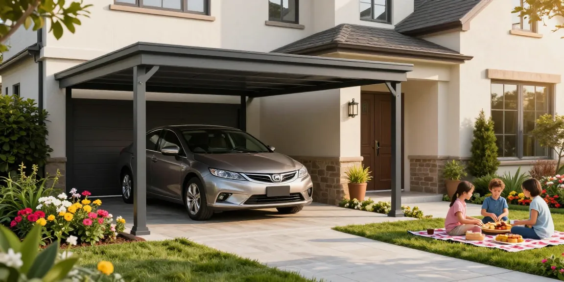 Moderne Carport-Szene, die ein Auto schützt und eine einladende Gartenlandschaft zeigt.