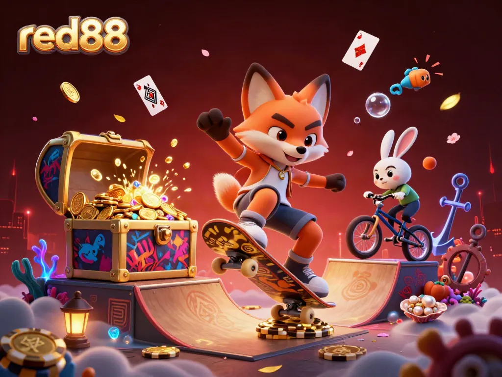Experience excitement at red88 with vibrant gaming action featuring a skateboarder fox and BMX rabbit.