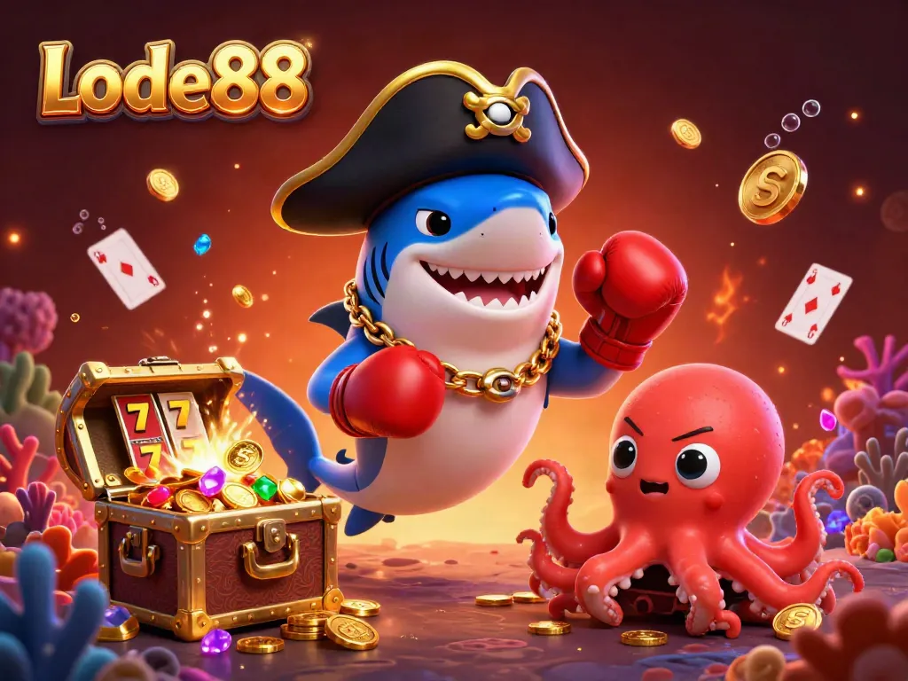 Experience the thrill at Lode88 with vibrant casino elements in a fun ocean scene.