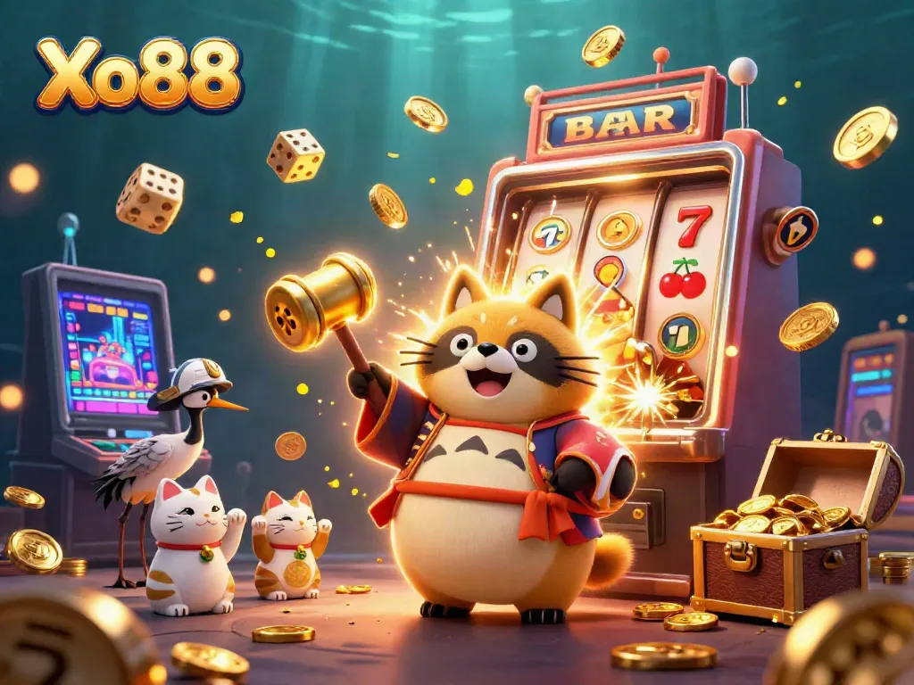 Xo88 offers vibrant, engaging gaming experiences featuring cheerful tanuki and slot machines.