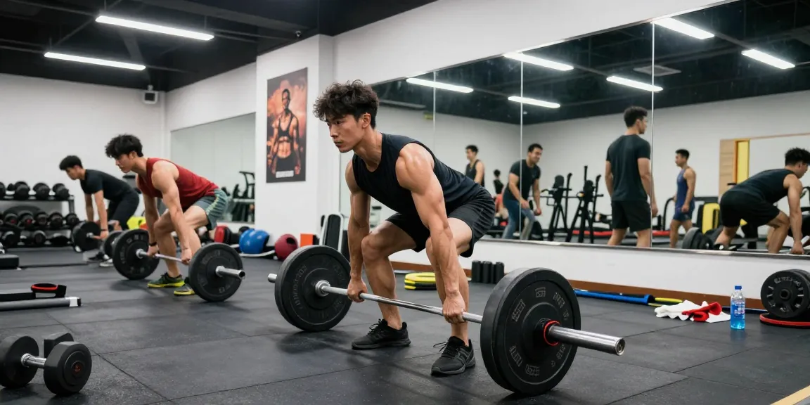 Steroidshop: Bodybuilder im Fitnessstudio beim Deadlift mit motivierenden Elementen und sportlicher Ausrüstung.