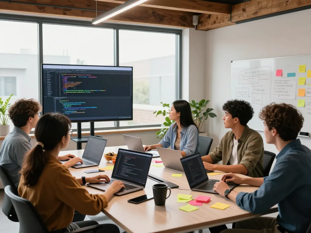 Team of developers collaborating at fabetbiz.com in a modern office space, showcasing innovative coding solutions and teamwork.