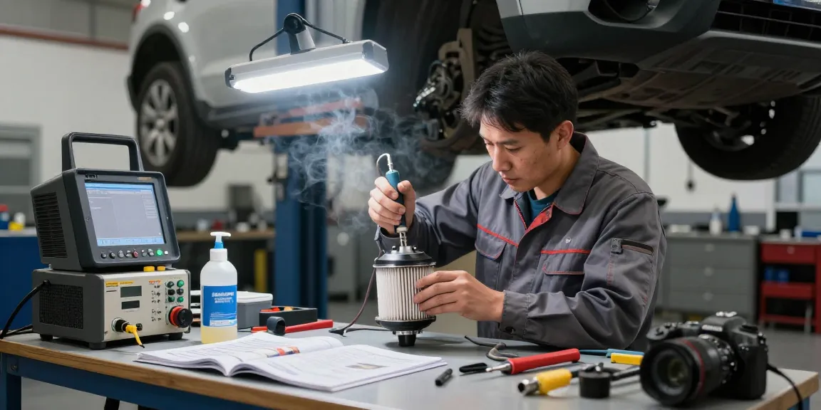 Mechaniker reinigt DPF in einer modernen Werkstatt mit professionellen Werkzeugen.
