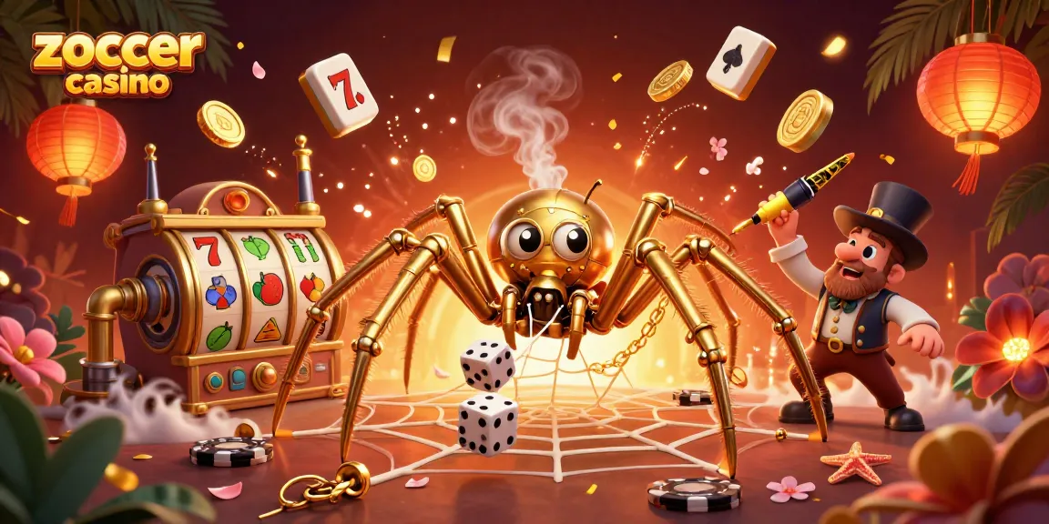 Engage with the exciting zoccer casino featuring a steampunk spider theme amidst vibrant casino elements.