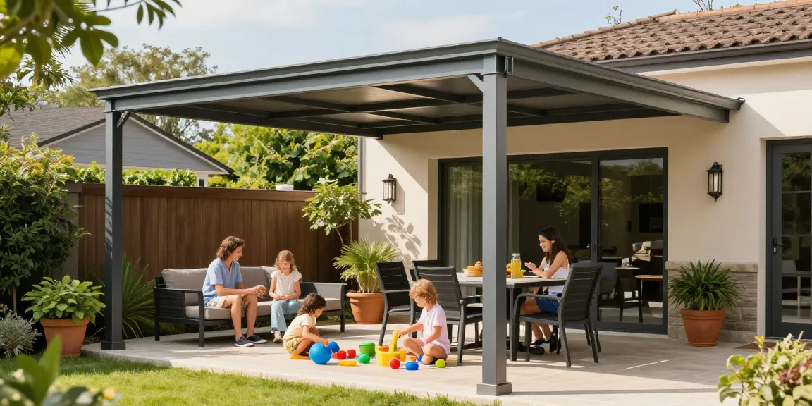 Moderne Terrassenüberdachung in einem einladenden Garten mit Familie.