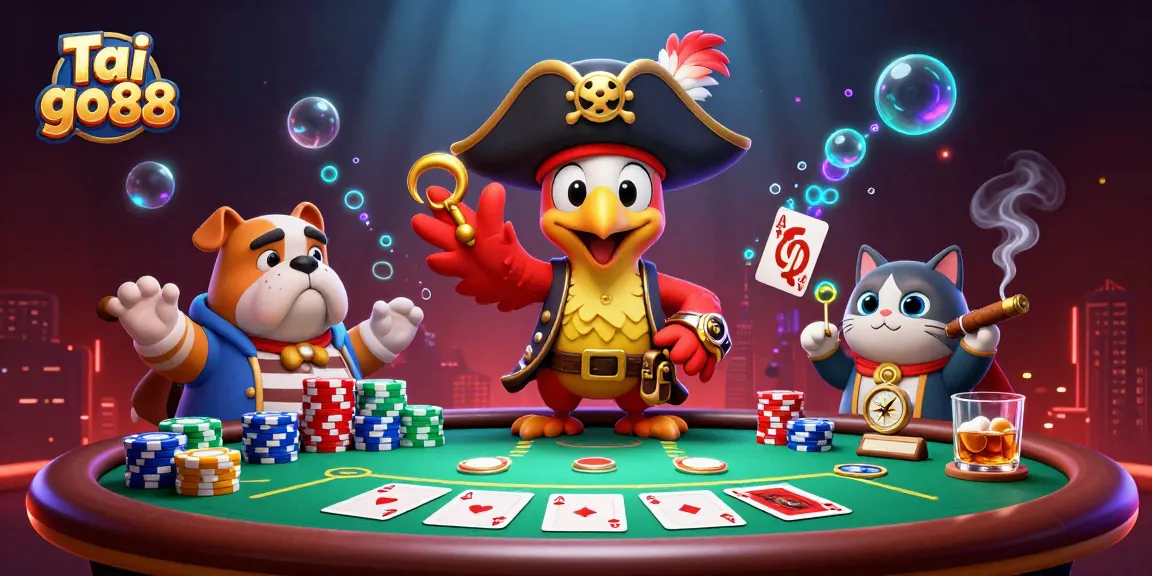 Win big with Tai go88 as pirate characters enjoy an action-packed casino scene filled with poker elements.