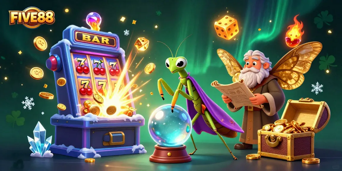 Join the excitement at FIVE88 with a vibrant 3D illustration of a fantasy casino, bursting with games and fun!