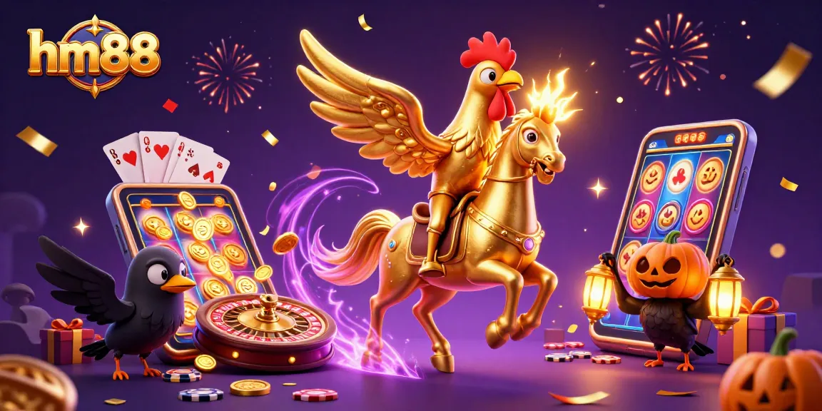 Experience the thrilling gaming atmosphere of hm88 with vibrant casino scenes featuring golden rooster characters.