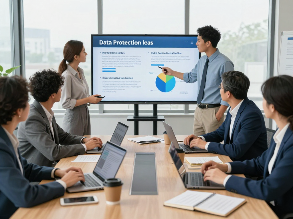 Professionelles Team in einem Büro zur Wirtschaft und Verwaltung Wohnungsbaugenossenschaften, die Datenschutz- und Barrierefreiheitsthemen diskutieren.