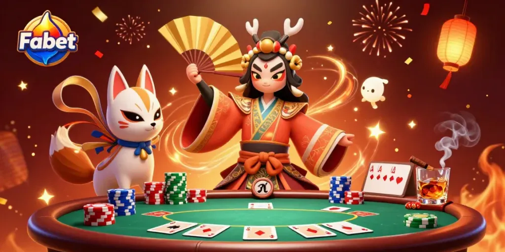 Fabet showcases a lively casino scene with dynamic characters, poker elements, and festive decorations.
