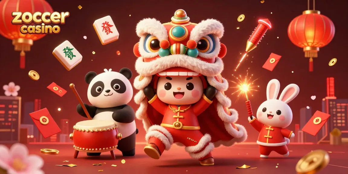 Engage with zoccer casino's vibrant scene showcasing a festive lion dance amidst thrilling gaming elements.