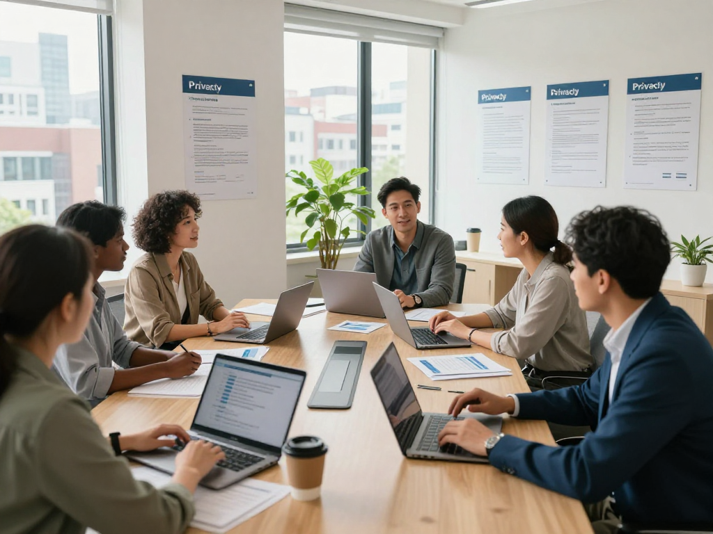 Wirtschaft und Verwaltung Wohnungsbaugenossenschaften team collaborating on data privacy compliance in a modern office.