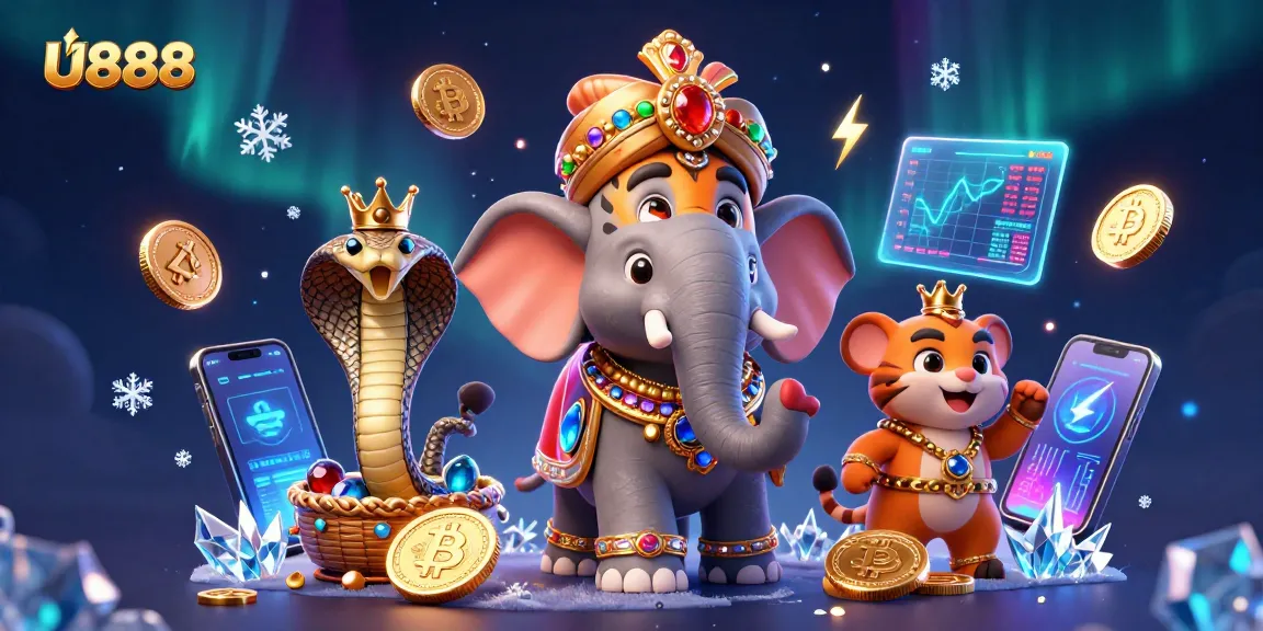 Experience the vibrant world of U888 with a majestic tiger and an elephant, surrounded by crypto symbols.