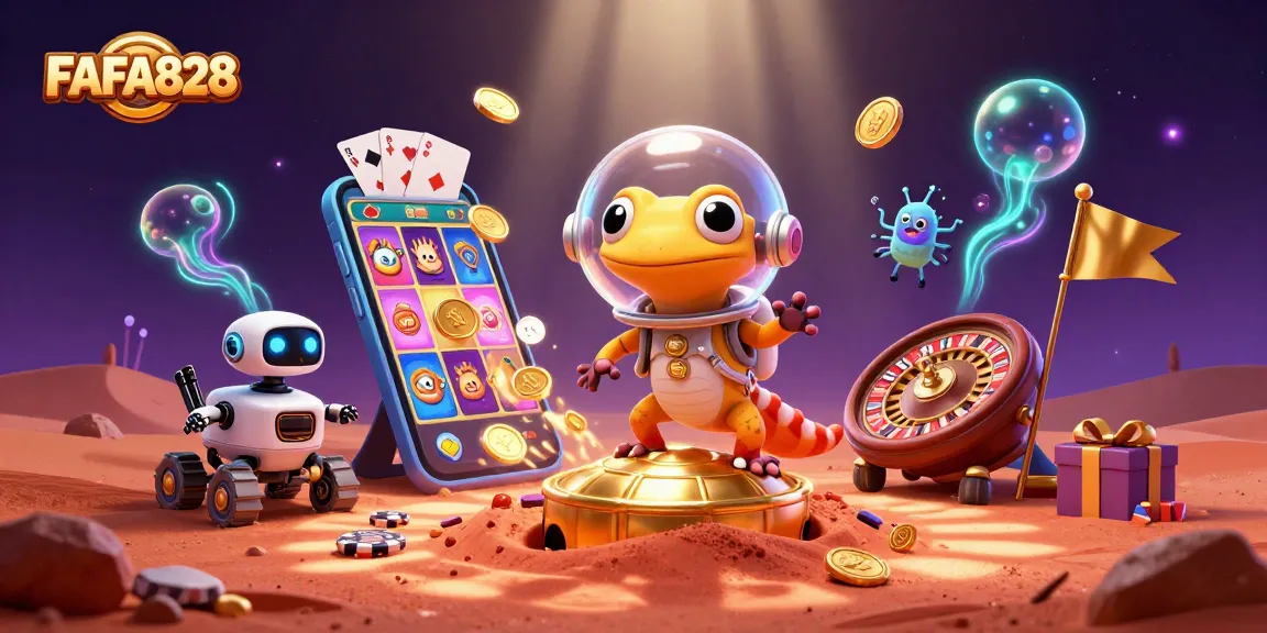 Engage in thrilling gameplay with FAFA828's dynamic casino adventure featuring vibrant slot games, golden coins, and colorful characters.