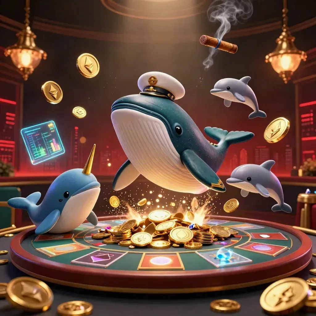 Riesiger Cartoon-Wal, Narwal und Delfine im glitzernden Casino mit Gold, Licht und Neon-Effekten.
