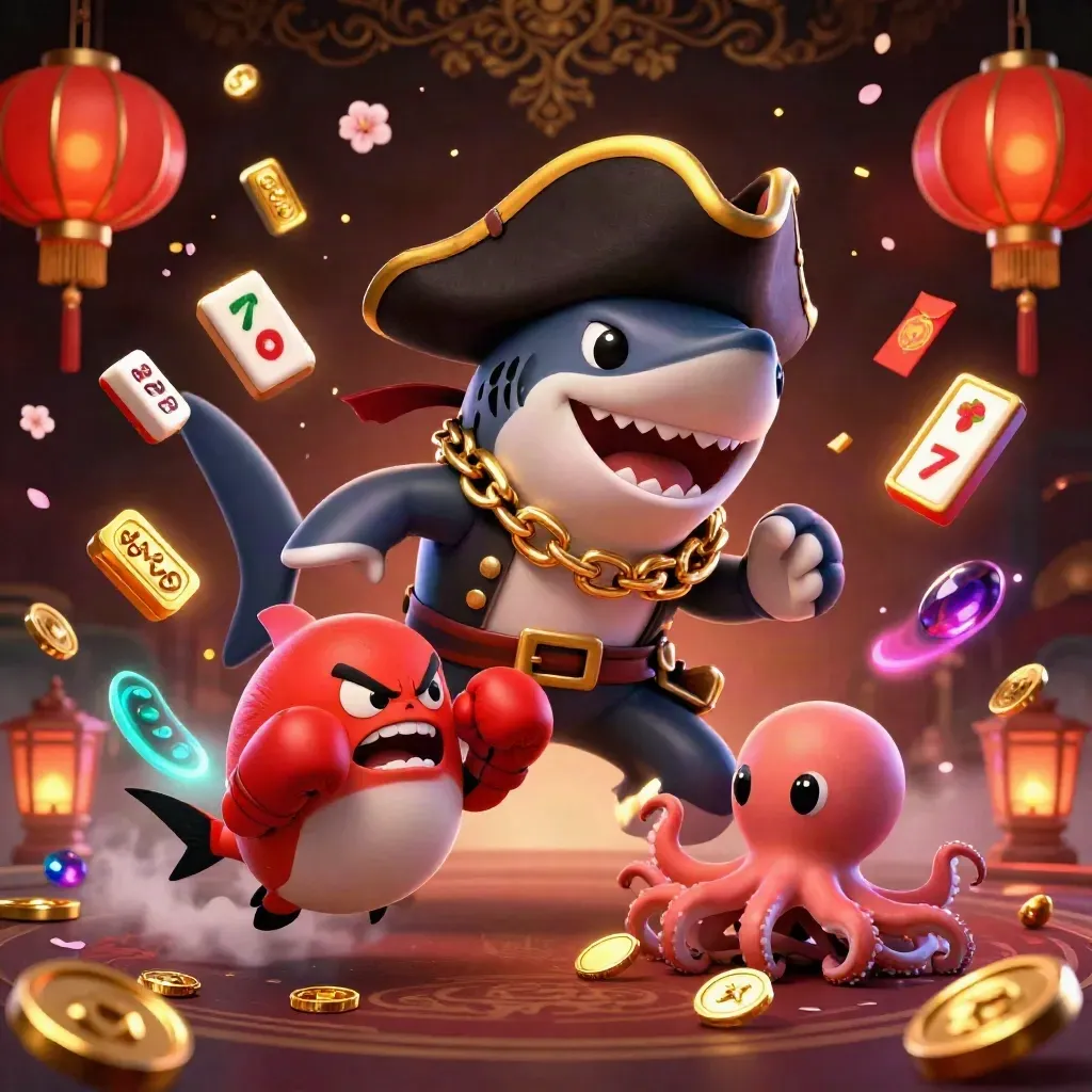 Piratenhai, Boxer-Fisch und Baby-Oktopus wirbeln Gold, Laternen und Mahjong-Tiles auf.