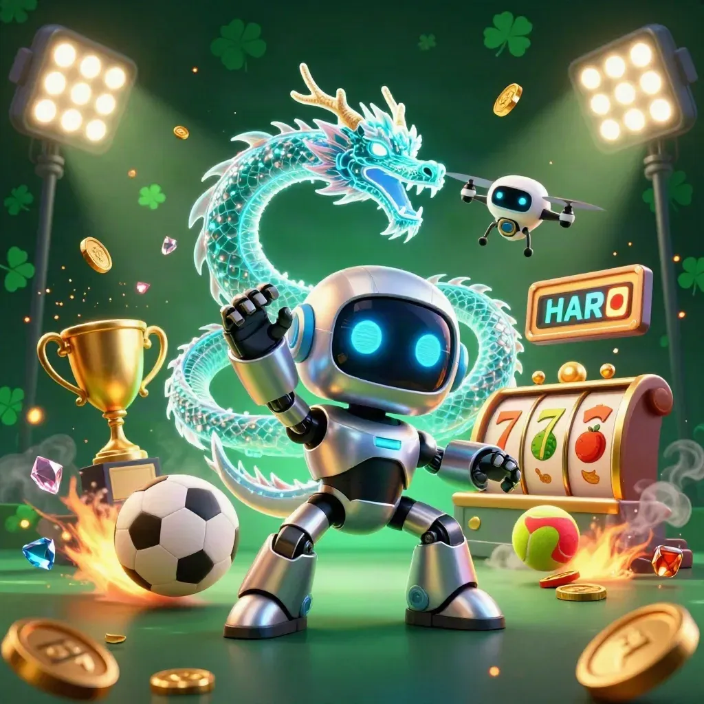 Cyberpunk-Roboter, Hologramm-Drache und Coin-Drohne in goldgrünem Casino-Action-Keyart