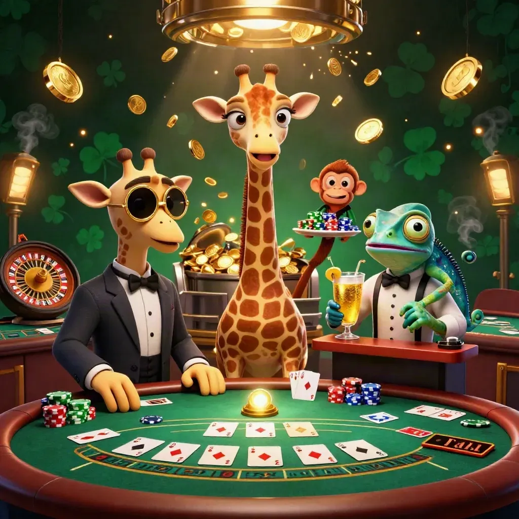 Giraffe, Affe und Chamäleon feiern an einem Pokertisch mit Goldmünzen und Feuerwerk.
