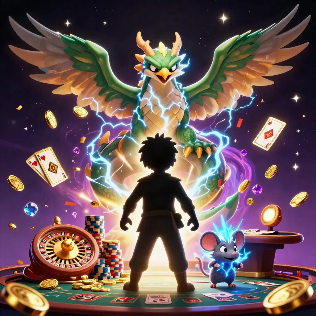 Drachen, Windfalke und Maus in Goldregen mit Roulette, Karten und Lichtwirbeln.