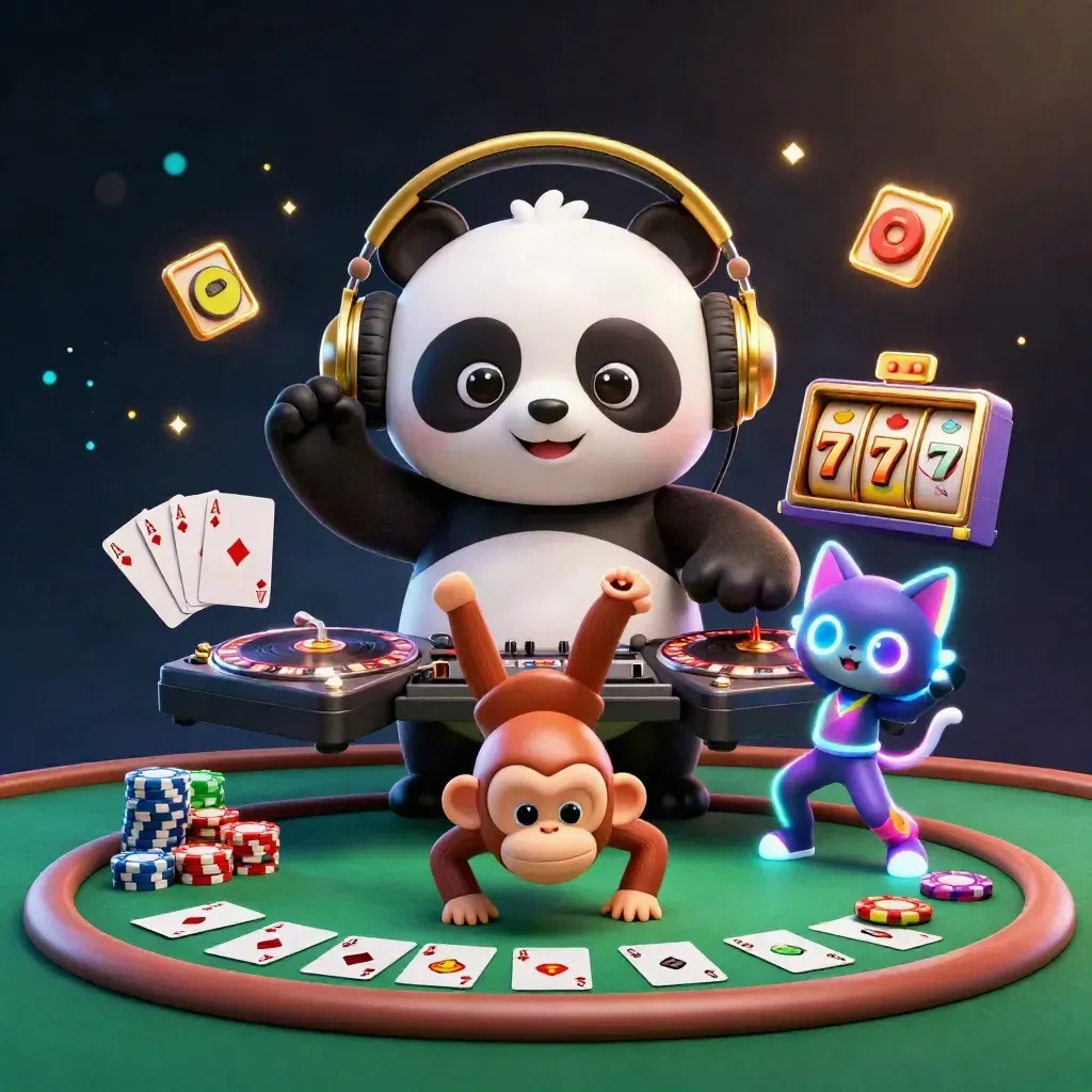 Drei Tier-DJs im Casino-Licht, mit Roulette-Turntables, Chips und Neon-Glow.