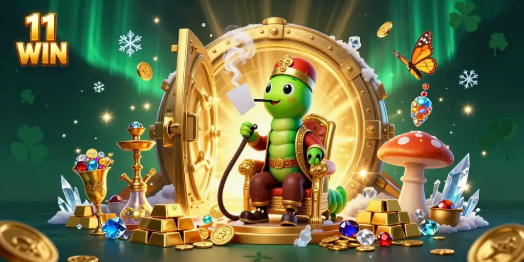 Engage in thrilling casino adventures with 11 WIN featuring a whimsical caterpillar character amidst gold treasures.