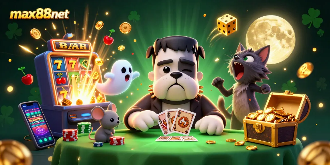 Max88net features a quirky casino scene with a Frankenstein bulldog and lively ghost mouse.