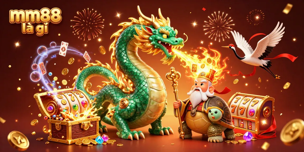 Play and win at MM88 là gì with an epic scene of a jade dragon and lucky elements surrounding vibrant casino symbols.