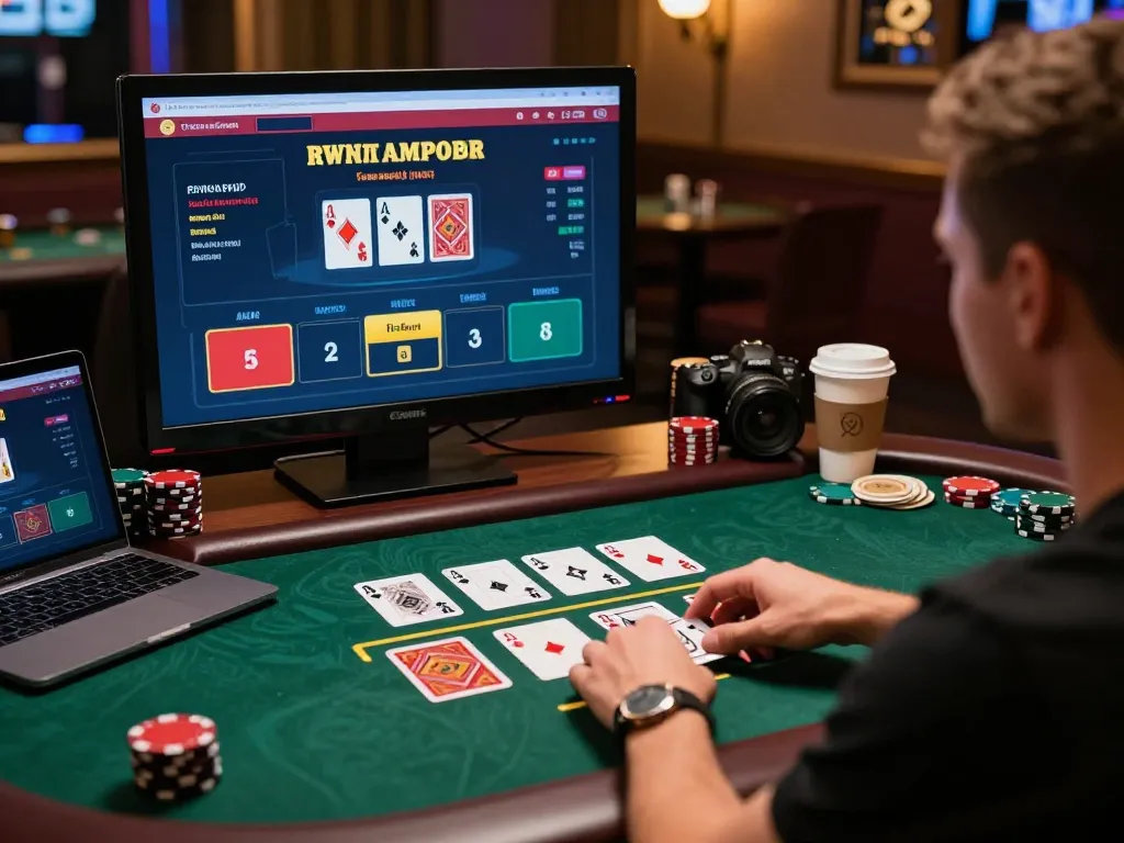 Player enjoying a thrilling blackjack game on hz 88 online casino platform, warm lighting enhancing the gaming experience.