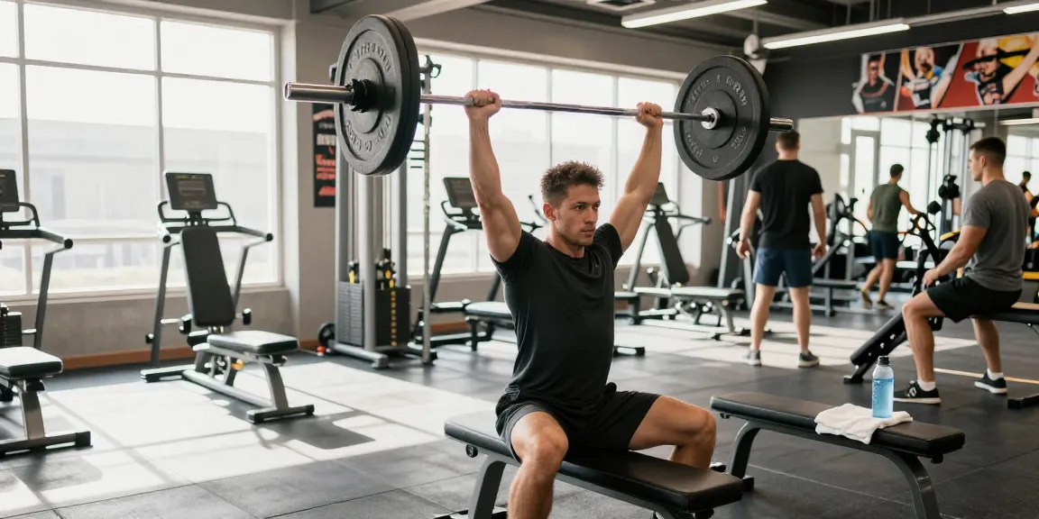 Akra Labs Steroid Shop - Sportlicher Mann im Fitnessstudio beim Überkopfdrücken mit Hanteln.