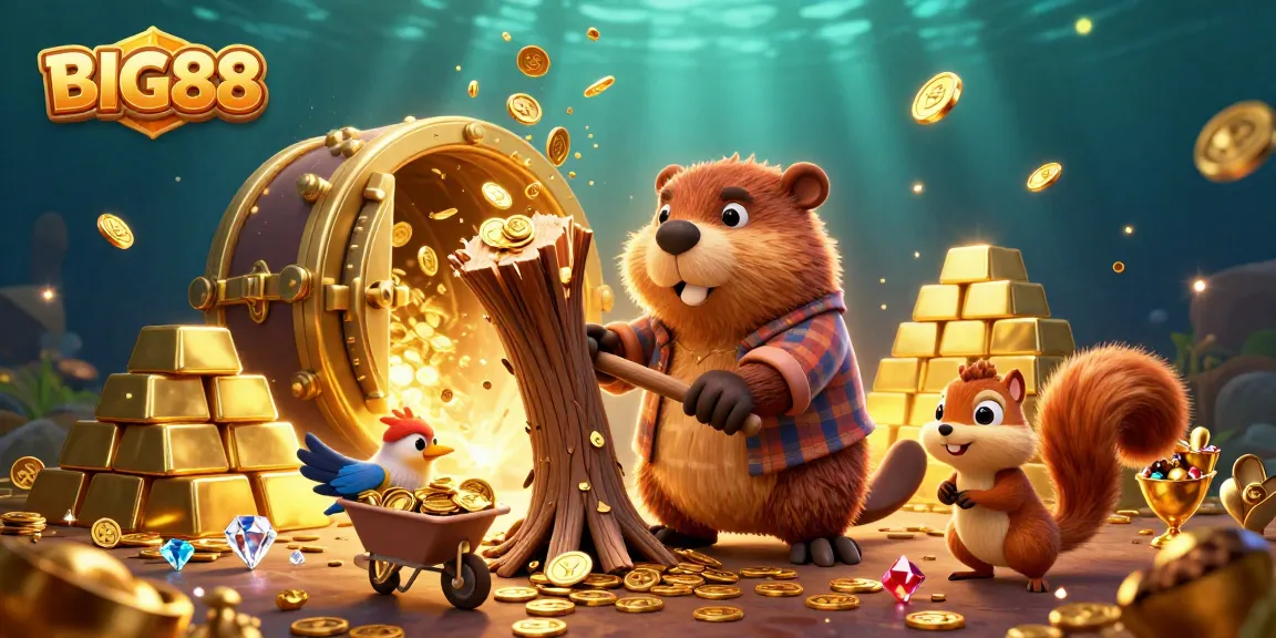 BIG88 showcases a vibrant 3D scene with a beaver collecting golden coins in a whimsical casino setting.