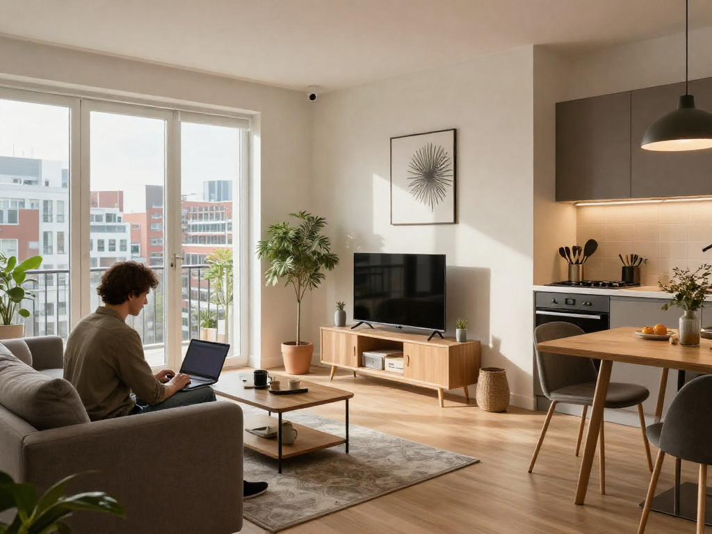 Moderne Monteurwohnung Hannover mit stilvollem Wohnraum und städtischem Ausblick.
