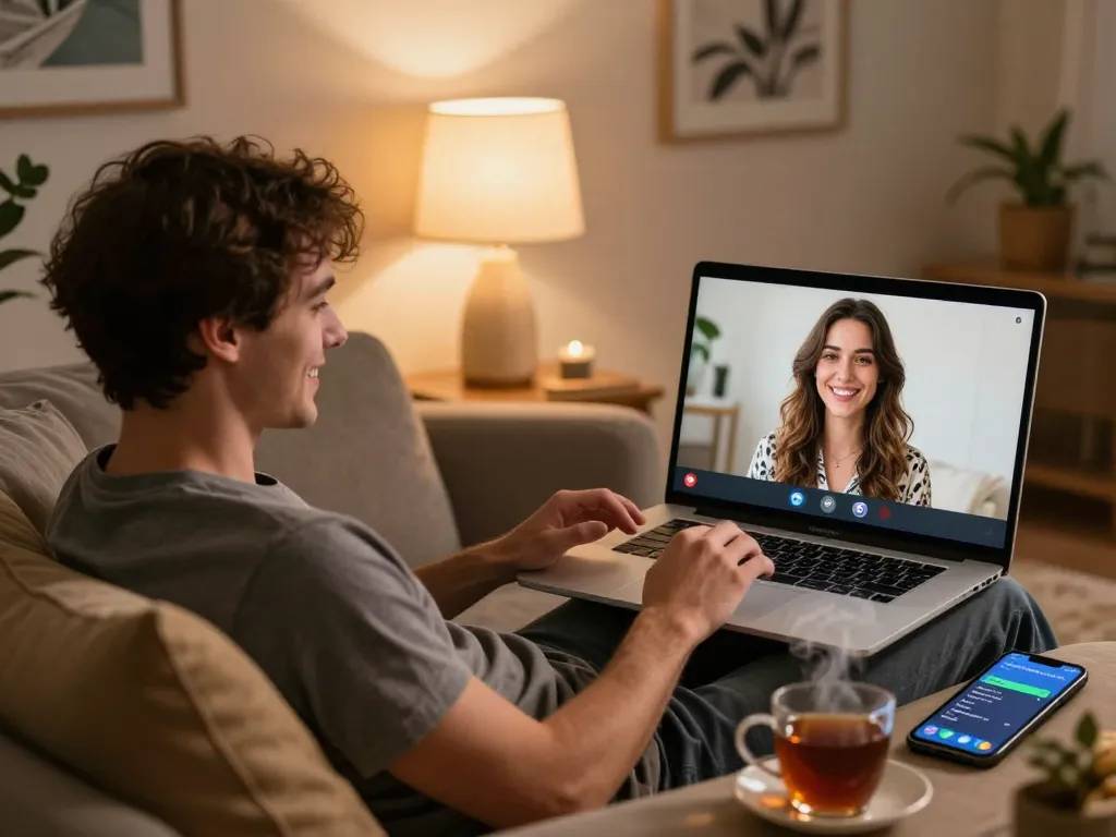 Engaging individuals in a sex AI chat in a cozy virtual setting.