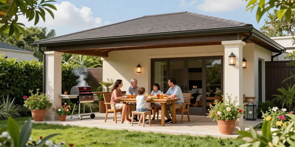 Gemütliche Terrasse mit freistehender Terrassenüberdachung, Familie genießt den Nachmittag im Garten.