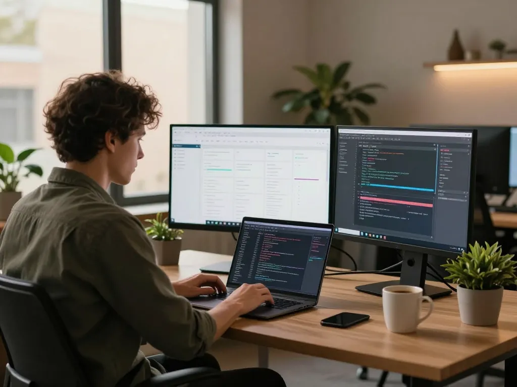 Innovative workspace with thscrore.app developer coding on multiple screens in a modern office setting.