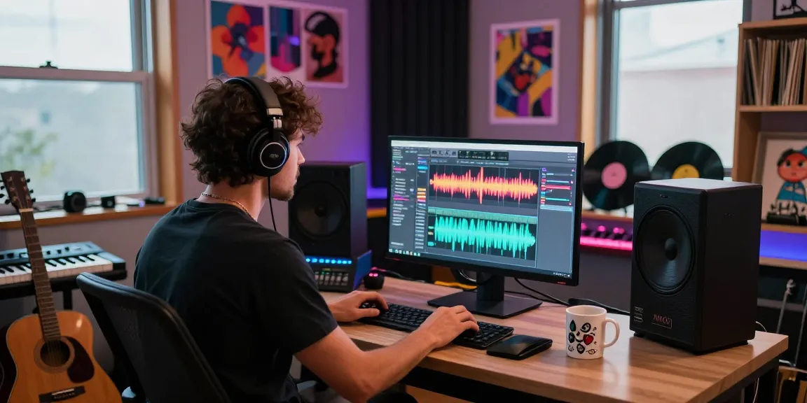 MM OO in a vibrant music studio, producing creative beats with instruments and digital tools.