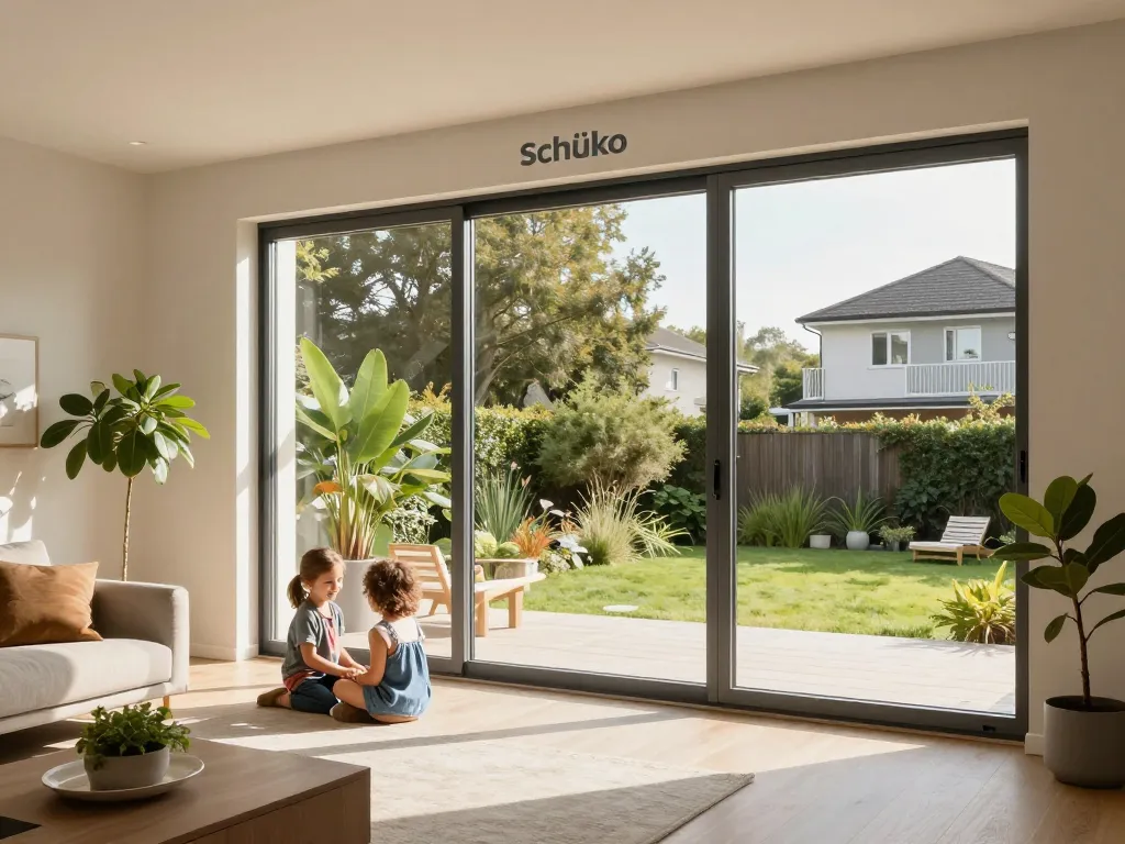 Modernes Zuhause mit fenster schüco Fenstern, das Energieeffizienz und natürliches Licht zeigt.