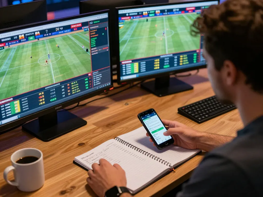 Soi keo nha cai with a focused sports bettor analyzing live games on multiple screens at home.