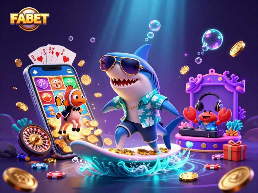Play slots with FABET in a vibrant underwater scene filled with fun characters and casino excitement.