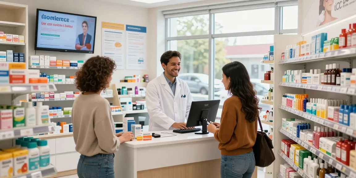 Im Selliza Pharma Shop hilft ein Apotheker Kunden beim Einkaufen von Gesundheitsprodukten in einem modernen, einladenden Verkaufsraum.